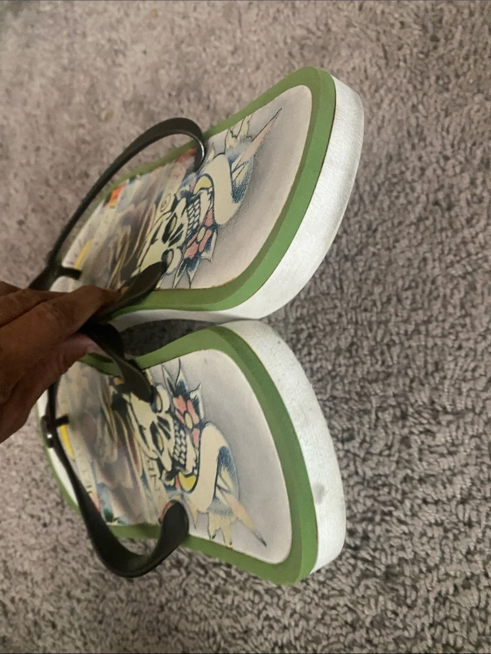 Vintage Ed Hardy Tattoo-Print Flip Flops in Green and Black